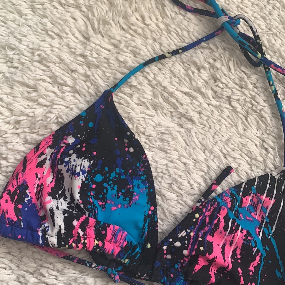 VINTAGE 80s 90s OP Black Splatter Print String Bikini Top
